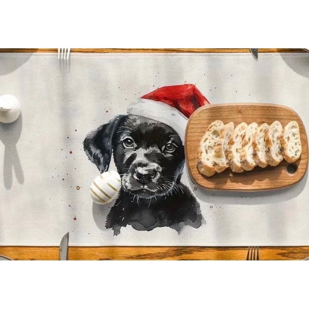 Christmas Black Lab Puppy Santa Hat Table Runner 71x13 Watercolor Linen Blend